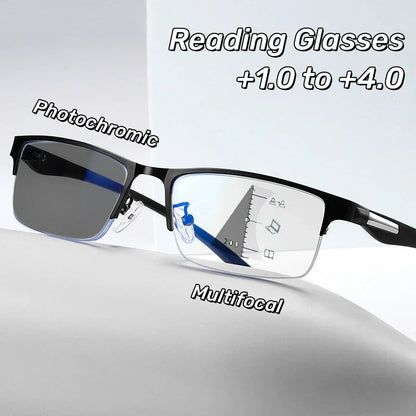 Progressive Multifocal Photochromic Reading Glasses – Anti-Blue Light Half Frame for Men with Presbyopia & Far Sight Protection