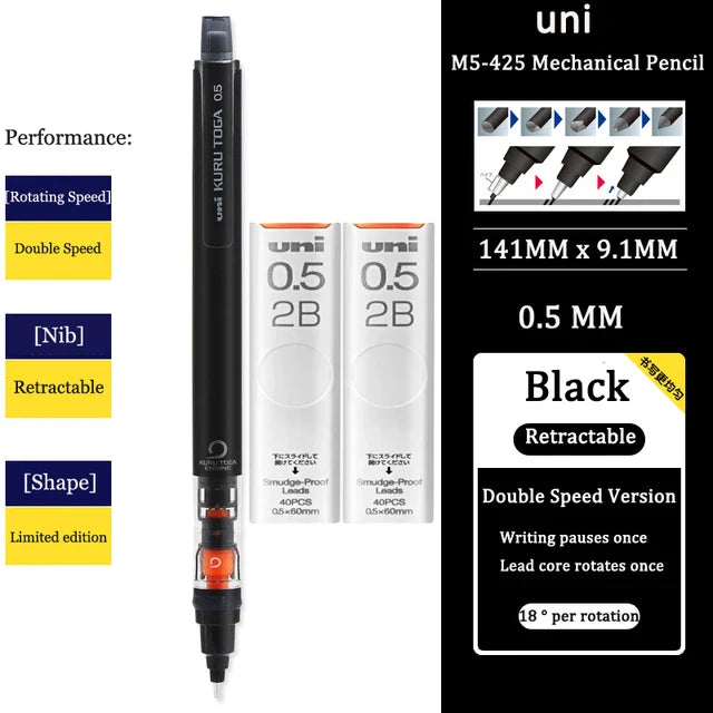 UNI KURU TOGA M5-452 Mechanical Pencil 0.5mm – Rotating Lead Automatic Pencil for Continuous Writing & Sketching