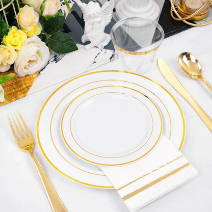 700PCS Gold Plastic Dinnerware Set – White & Gold Plates with 100 Napkins, Serves 100 Guests, Disposable Wedding Party Set