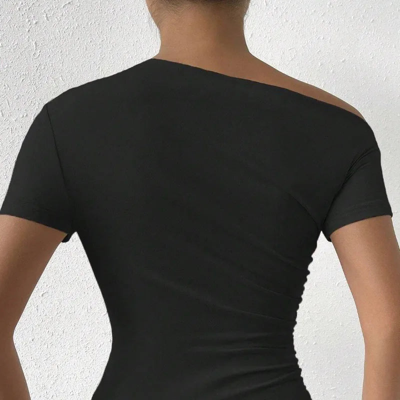 Solid One Shoulder T-Shirt - Elegant Short Sleeve Ruched Top for Women's Spring and Summer Fashion
