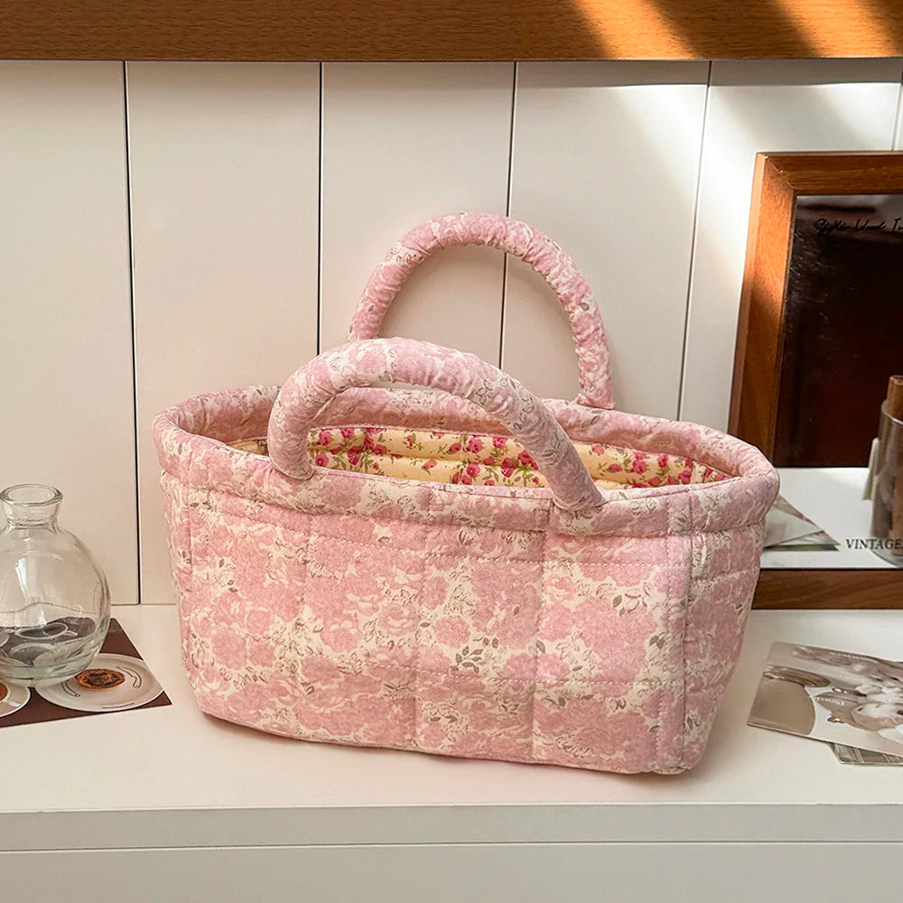 Cute Pink Flower Quilted Storage Basket with Handle – Foldable Home Organizer for Pet Toys & Room Storage
