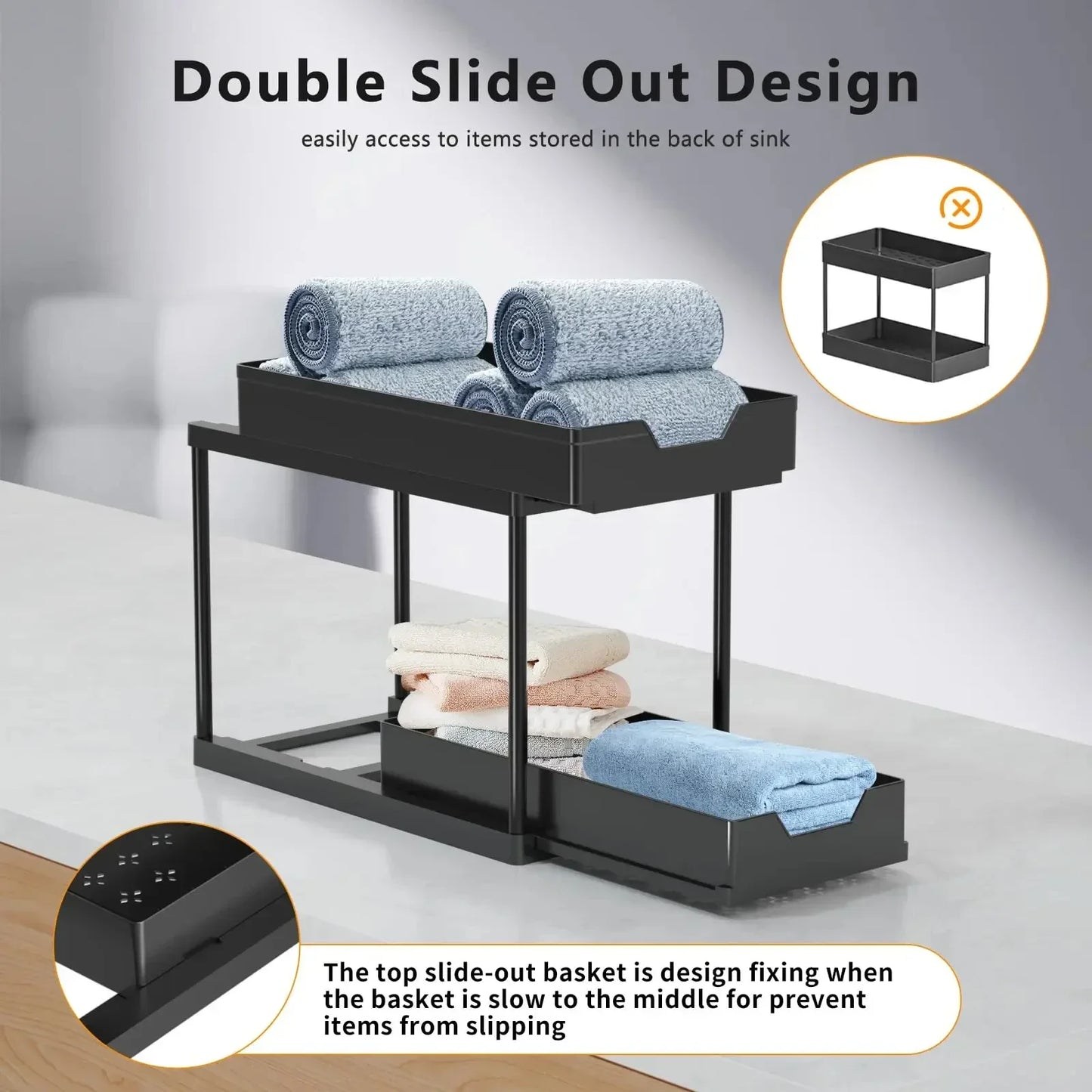 2-Tier Under Sink Sliding Cabinet Organizer — Basket Storage Rack with Hooks for Bathroom & Kitchen