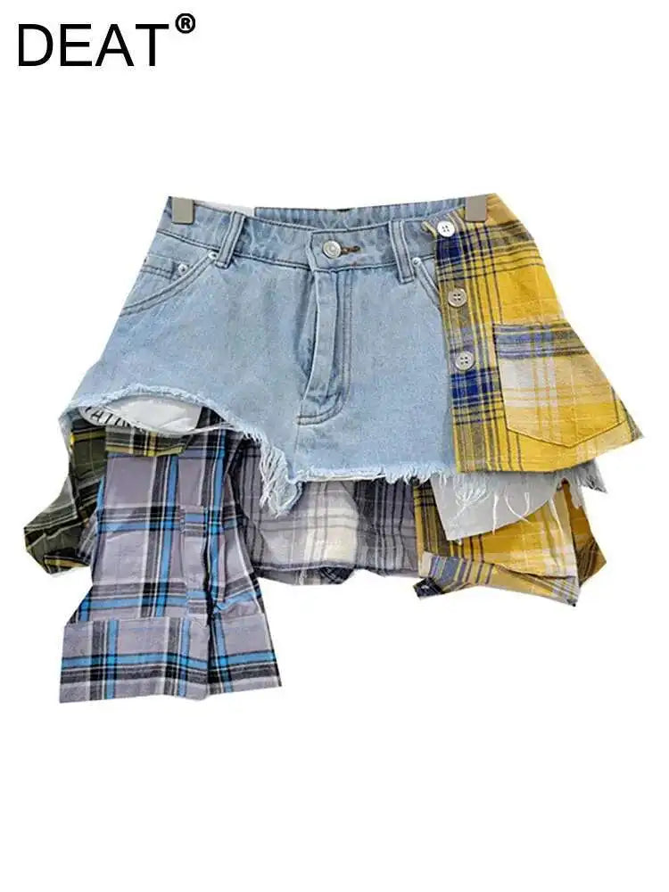 DEAT Women’s Denim Mini Skirt — Colored Plaid Patchwork Irregular A-Line, High Waist Summer 2025 Fashion Skirt