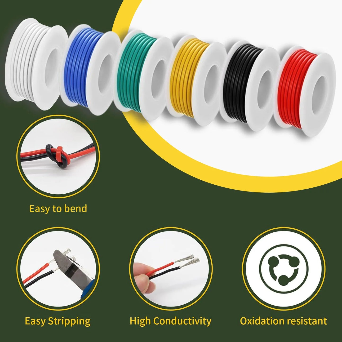 16-28 AWG Electric Wire Kit – 6 Colors Stranded Tinned Copper Flexible Silicone Hookup Wire for Electrical DIY & Car Projects
