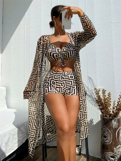2026 Women’s Bikini Set – Lattice Sling Top with Sexy Boxer Shorts, Long Sleeve Summer Swimwear, Beach Bathing Suit