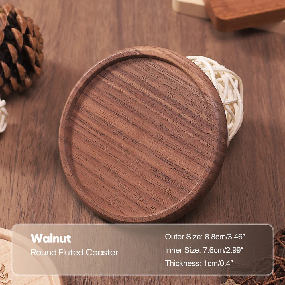 Solid Walnut & Beech Wood Coaster — Durable Heat-Resistant Round & Square Cup Mat, 8.8cm Tea & Coffee Placemat