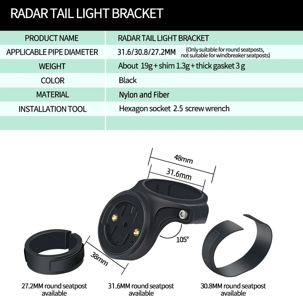 CYCLAMI Bicycle Lamp Mount — Bike Seatpost Bracket & Taillight Holder for Garmin Varia Radar RVR315, RTL510/515/500