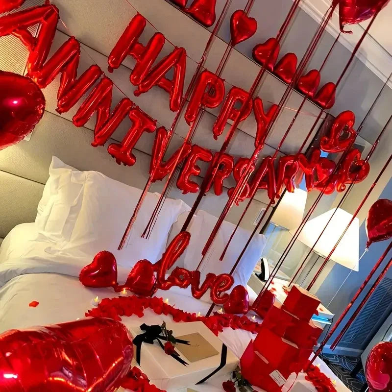 Happy Anniversary Foil Balloons - Wedding Banner Decoration Set for Bridal Shower, Valentine’s Day & Love Celebrations