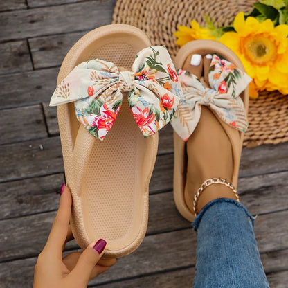 Women's Leopard Bow Flip Flops - Soft Thick-Soled Cloud Slippers for Summer Beach & Travel