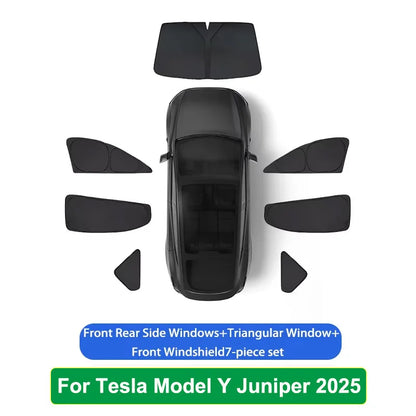Tesla Model Y Juniper 2025–2026 Sunshade Set – Front, Rear & Side Window Sun Shades, Windshield UV Protection, Outdoor Camping Car Accessories