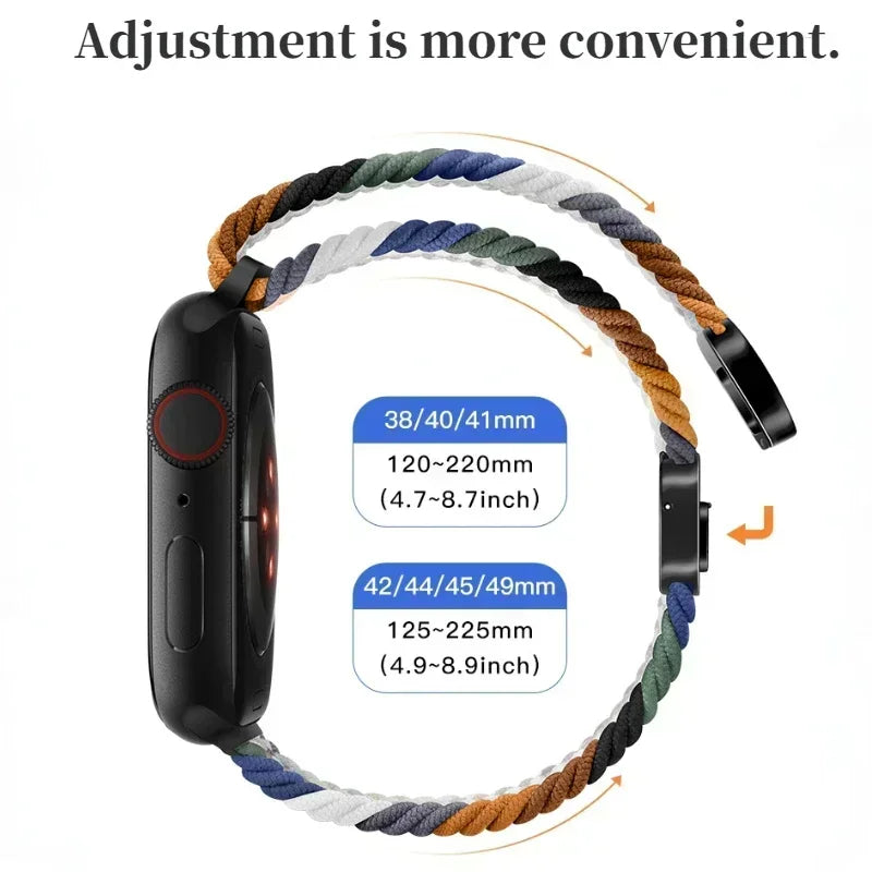 Nylon Braided Loop Apple Watch Band – Magnetic Metal Bracelet Strap for Ultra 2, Series 3–9 & SE (40mm–49mm) Adjustable Wristband