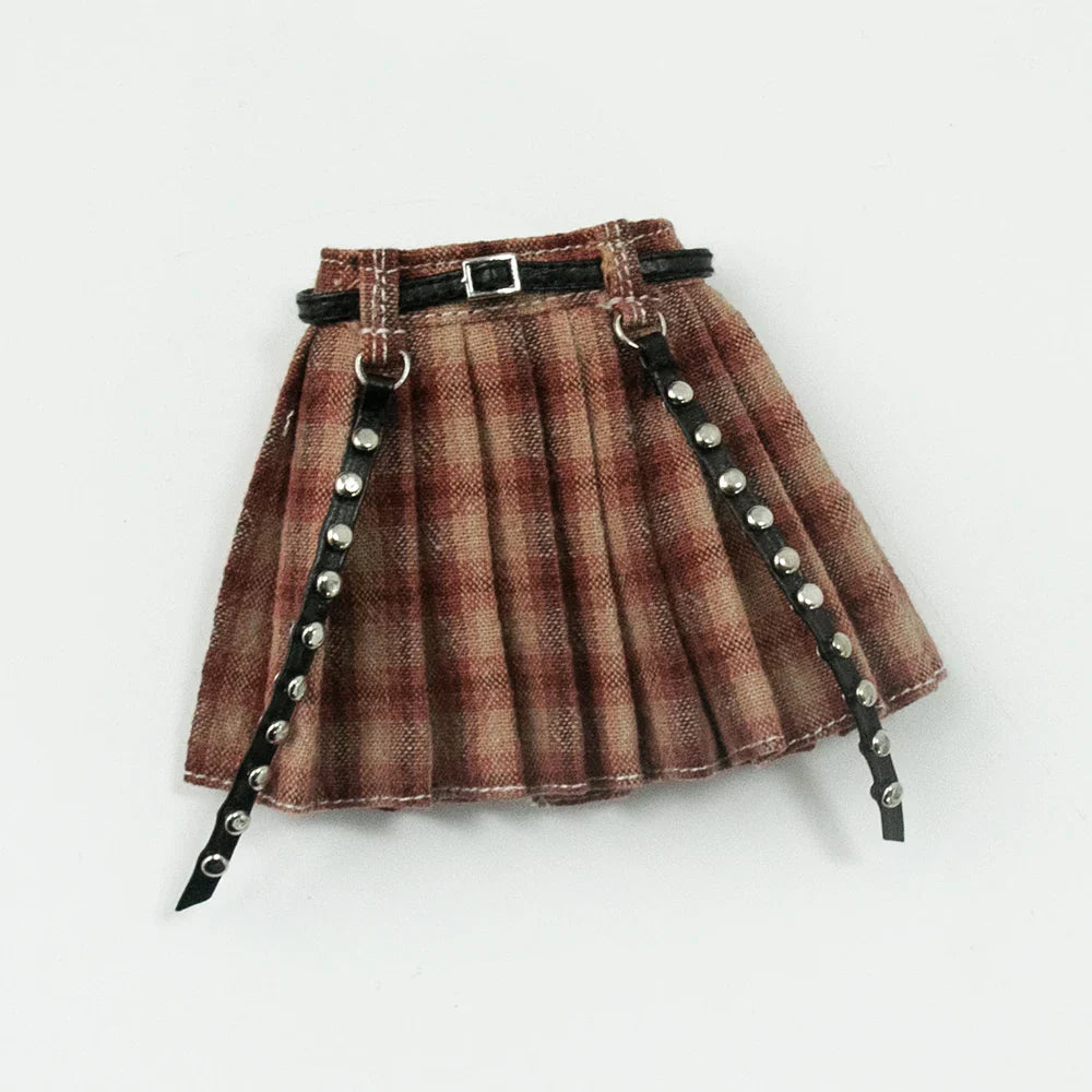 Blythe Doll Clothes Plaid Pleated Skirt & Off-Shoulder Top Tulle Dress Set — Ruffle Skirt for Licca, Azone, OB22, YMY Doll Accessories