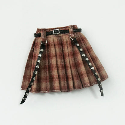 Blythe Doll Clothes Plaid Pleated Skirt & Off-Shoulder Top Tulle Dress Set — Ruffle Skirt for Licca, Azone, OB22, YMY Doll Accessories