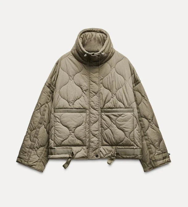2024 ETJ Quilted Women's Coat – Beige Drawstring High Neck Jacket with Ties & Pockets