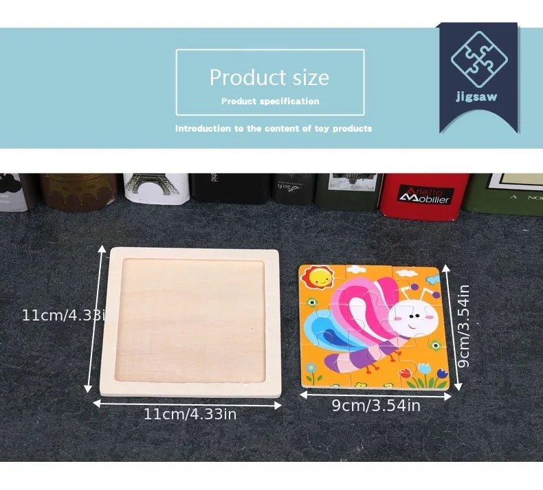 11cm Kids Wooden Jigsaw Puzzle – Cartoon Animal & Vehicle Montessori Educational Toys
