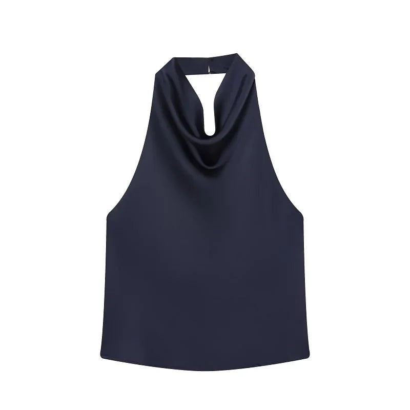 Women's Satin Halter Backless Camisole Top – Off Shoulder Summer Beach Tank Blouse