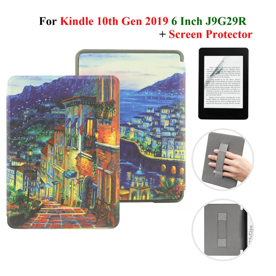 Kindle 10th Gen 6" Leather Case – Hand Strap & Screen Protector Cover with Wake/Sleep Function (2019, J9G29R)