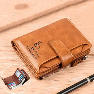 Luxury Leather Men’s Short Wallet – RFID Card Holder with Zipper Coin Purse Portable Billfold
