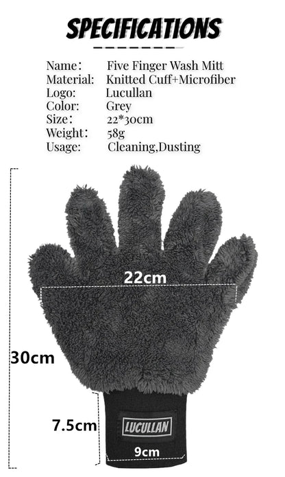 Lucullan Double-Sided Microfiber 5-Finger Mitt – Super Soft, Scratch-Free, Flexible Cleaning Glove