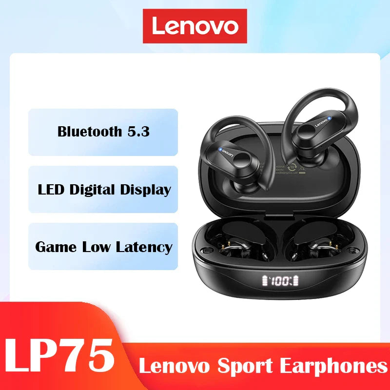 Lenovo LP75 TWS Sports Earphones — Bluetooth 5.3 Wireless, Waterproof HiFi Stereo, Noise-Reducing Earbuds with Mic