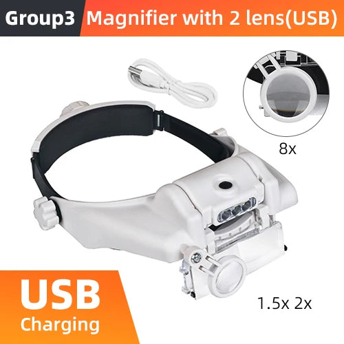 LED Headband Magnifier with 8x Lenses – Hands-Free Magnifying Glass for Jewelry, Watch & Electronic Repair