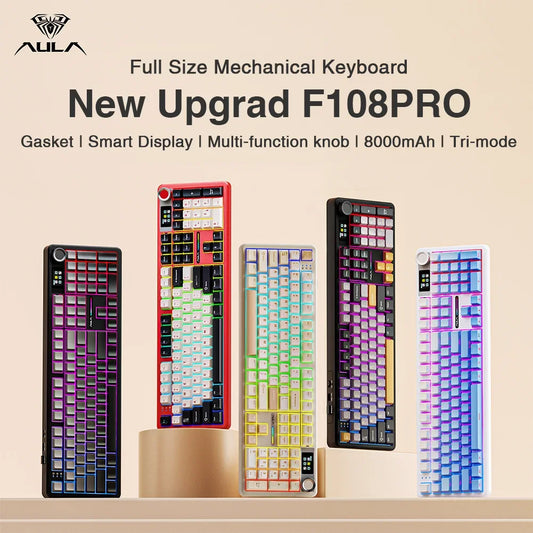 AULA F108 Pro Full-Size Gaming Keyboard – Wireless Bluetooth, Hot-Swappable Gasket Mount, Macro Keys, TFT Smart Display