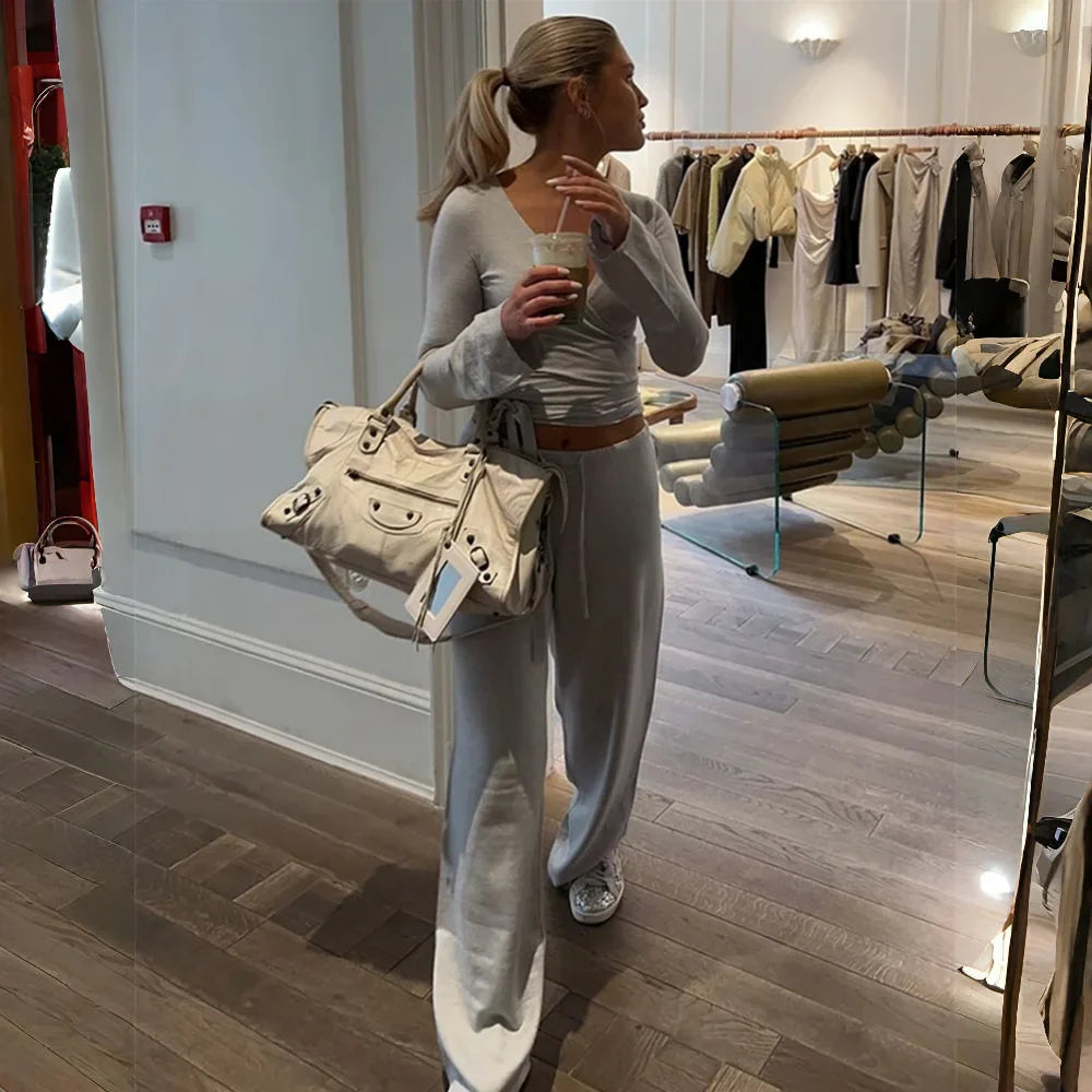 Apprabant Women’s Casual Fashion Set – Drawstring High-Waist Trousers with Plush Loose Pants and Lace-Up Flared Sleeve V-Neck Top