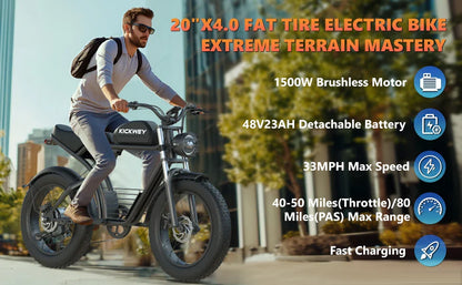 Kickwey K7 Adult Electric Bike — 1500W 48V 23Ah Mountain E-Bike, 20" Fat Tires, Off-Road Outdoor Adventure