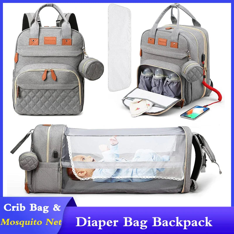 3-in-1 Diaper Bag Backpack – Waterproof Travel Bag with Foldable Baby Bed & USB Charging