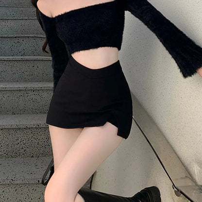 Black Split Mini Skirts: Summer Sexy High Waist Club Skirt - Korean Streetwear Fashion Irregular Slim A-Line Skirt for Women