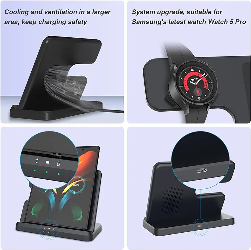 15W 3 in 1 Wireless Charger Stand - Fast Charging Dock for Samsung Z Fold 3, S21, S20, Galaxy Watch 5/4/3, Active 2, Buds