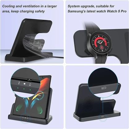 15W 3 in 1 Wireless Charger Stand - Fast Charging Dock for Samsung Z Fold 3, S21, S20, Galaxy Watch 5/4/3, Active 2, Buds
