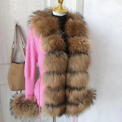 Women’s Spring & Autumn Sweater Cardigan – Real Fox Fur Collar Jacket, Natural Fur Outerwear