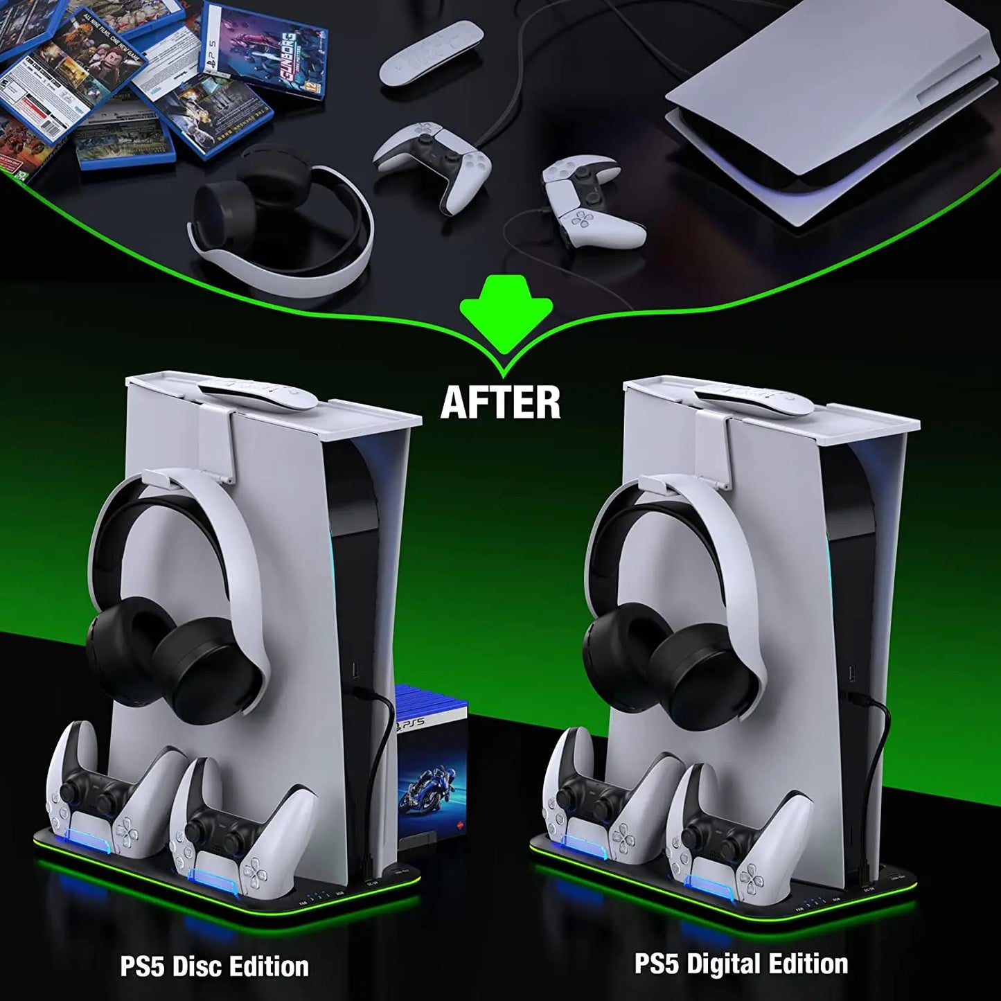 PS5 Stand and Turbo Cooling Station with Controller Charger - RGB Light & Headset Holder for Playstation 5 Digital/Disc