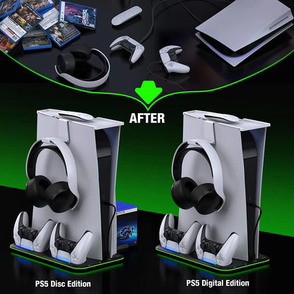 PS5 Stand and Turbo Cooling Station with Controller Charger - RGB Light & Headset Holder for Playstation 5 Digital/Disc