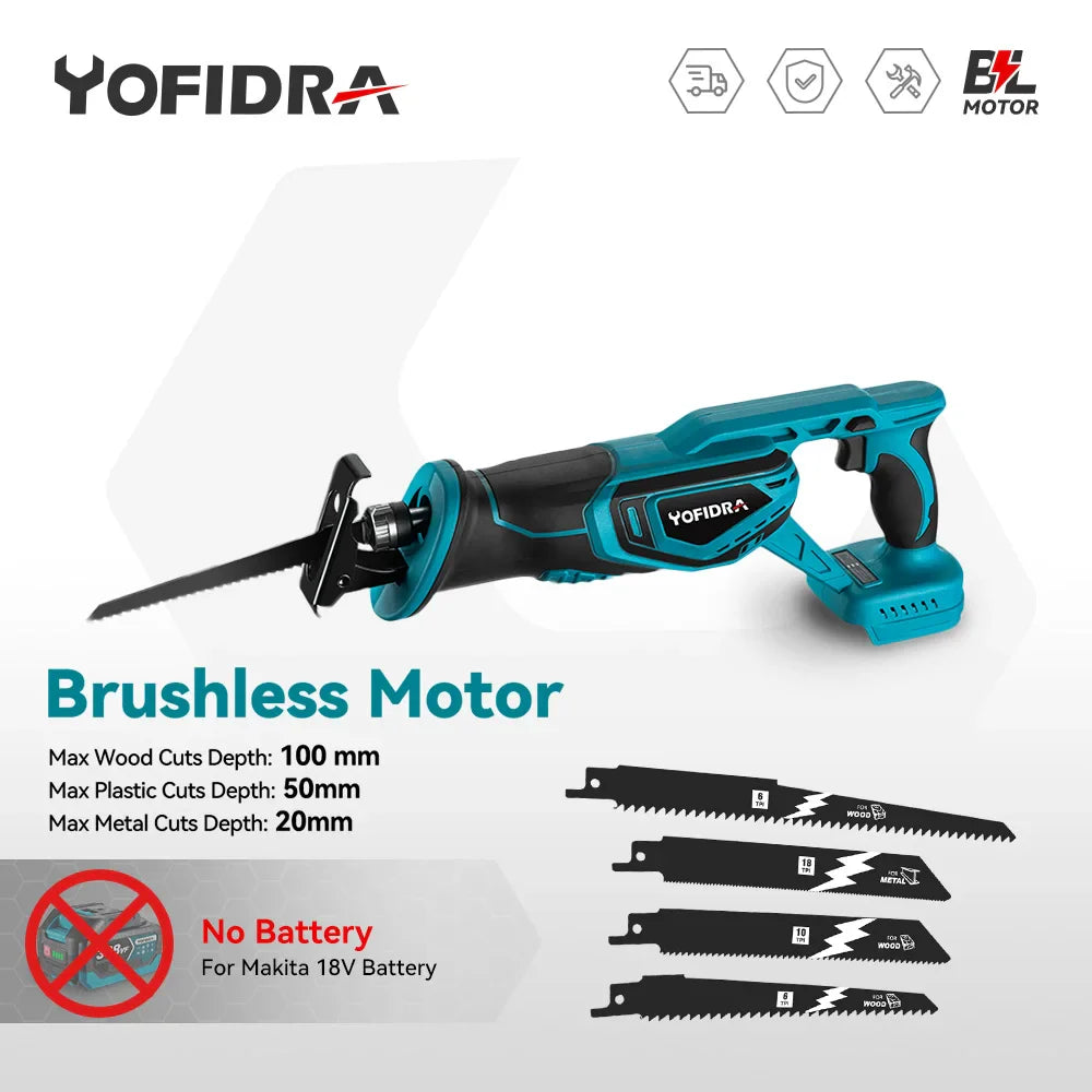 YOFIDRA 3000W Brushless Reciprocating Saw — 4-Blade Multifunction Metal, Wood & Pipe Cutter for 18V/21V Battery