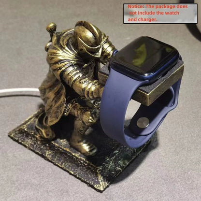 Apple Watch Charging Dock Stand – Cartoon Desktop Smartwatch Holder with Black Warrior Figurine Support