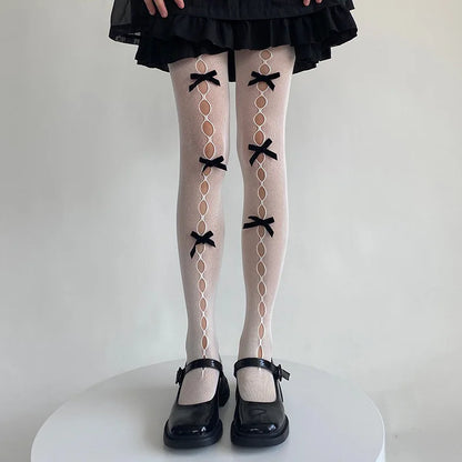 Bowknot Lace Fishnet Pantyhose - Y2K Hollow Out Tights for Women