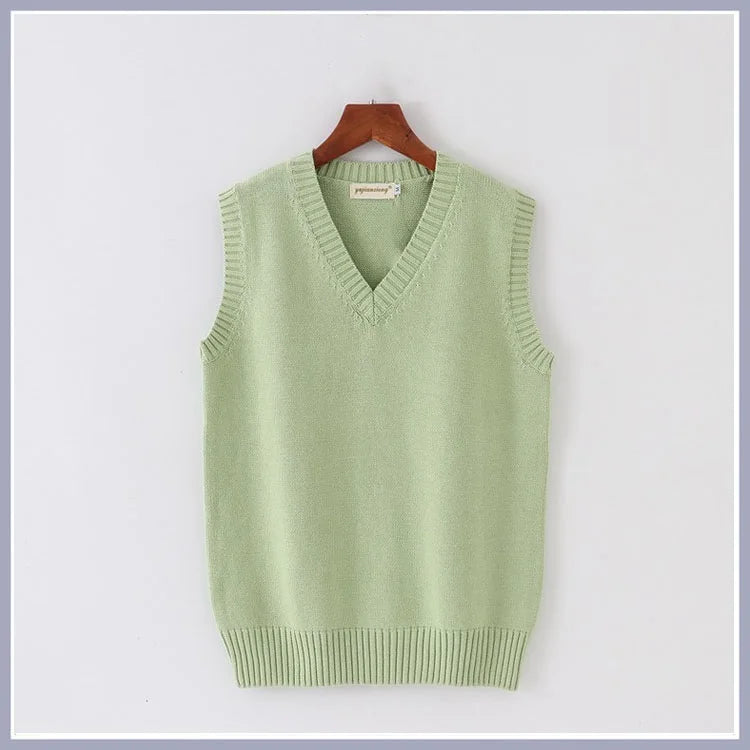 Unisex Sleeveless Sweater Vest – V-Neck Preppy Knitted Jumper for Women & Men, Retro Spring Fashion