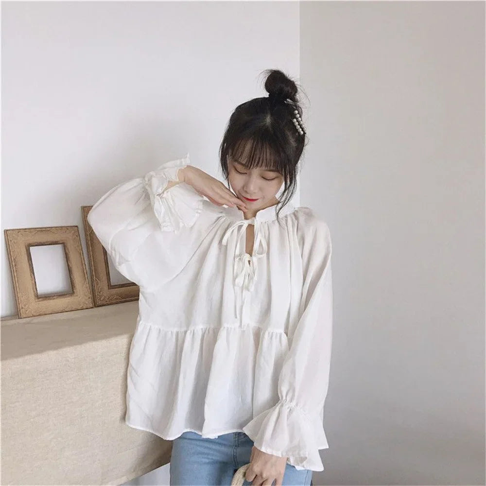 2024 Fashion Women’s Lace-Up Shirt – Flare Sleeve O-Collar Loose Blouse for Spring, Summer & Autumn