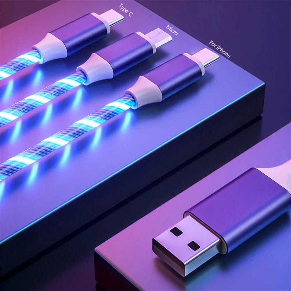 NNBILI 3-in-1 Glowing LED Fast Charging Cable – Luminous USB Type-C Charger for iPhone, Xiaomi & Phones