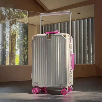 Aluminum Frame Rolling Luggage — Wide Handlebar Trolley Suitcase with Colorful Silent Spinner Wheels, TSA Lock & Large Capacity
