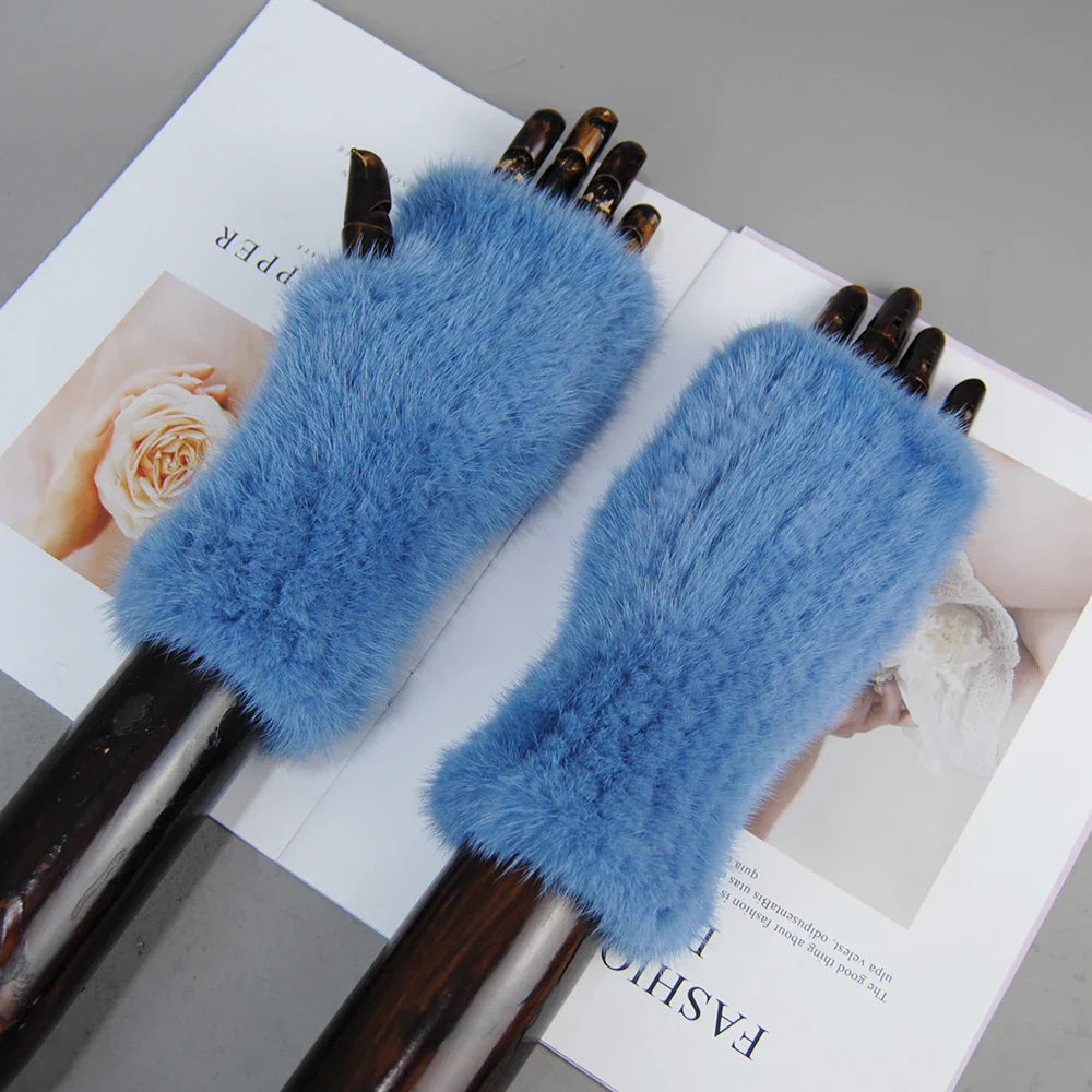 Women’s Winter Mink Fur Gloves – 100% Natural Fingerless Knitted Mittens for Warmth