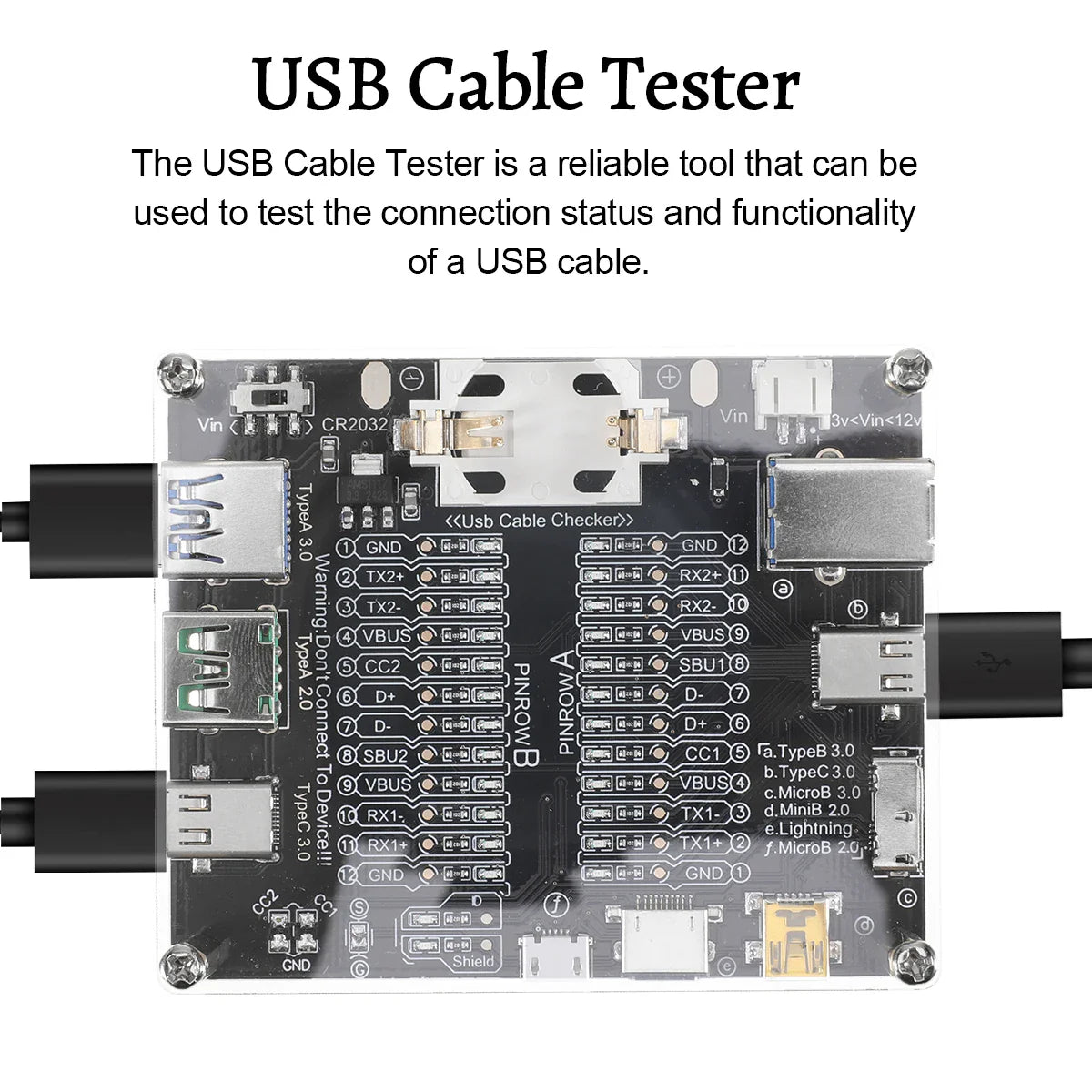 USB Cable Tester – Type-C, Type-B, Micro Short Circuit and Data Anomaly Detection Test Board for iOS & Android