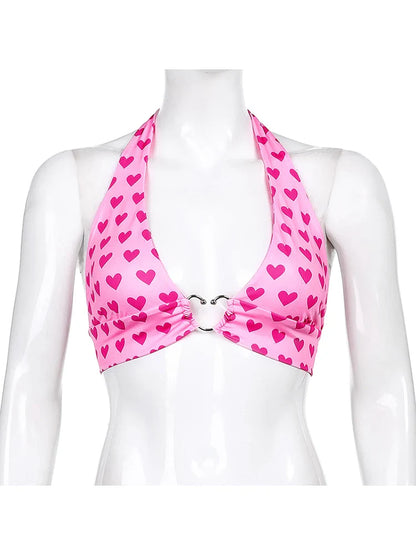 Pink Heart Print Bustier Crop Top for Women – Kawaii Aesthetic Lace-Up Backless Bralette Camisole Sleeveless Fashion Top