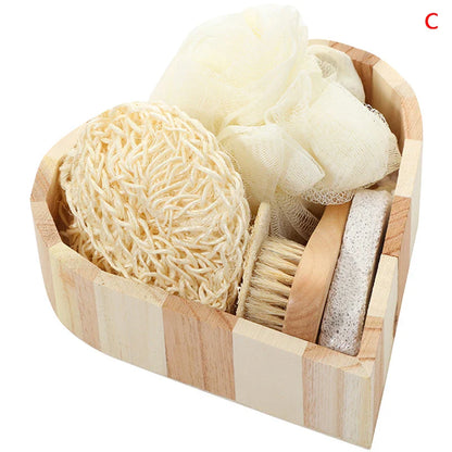 Spa Heart-Shaped Gift Box – Bathing Skin Cleaning Kit for Women with Sisal Bath Flower, Back Scrubber Gloves & Massager