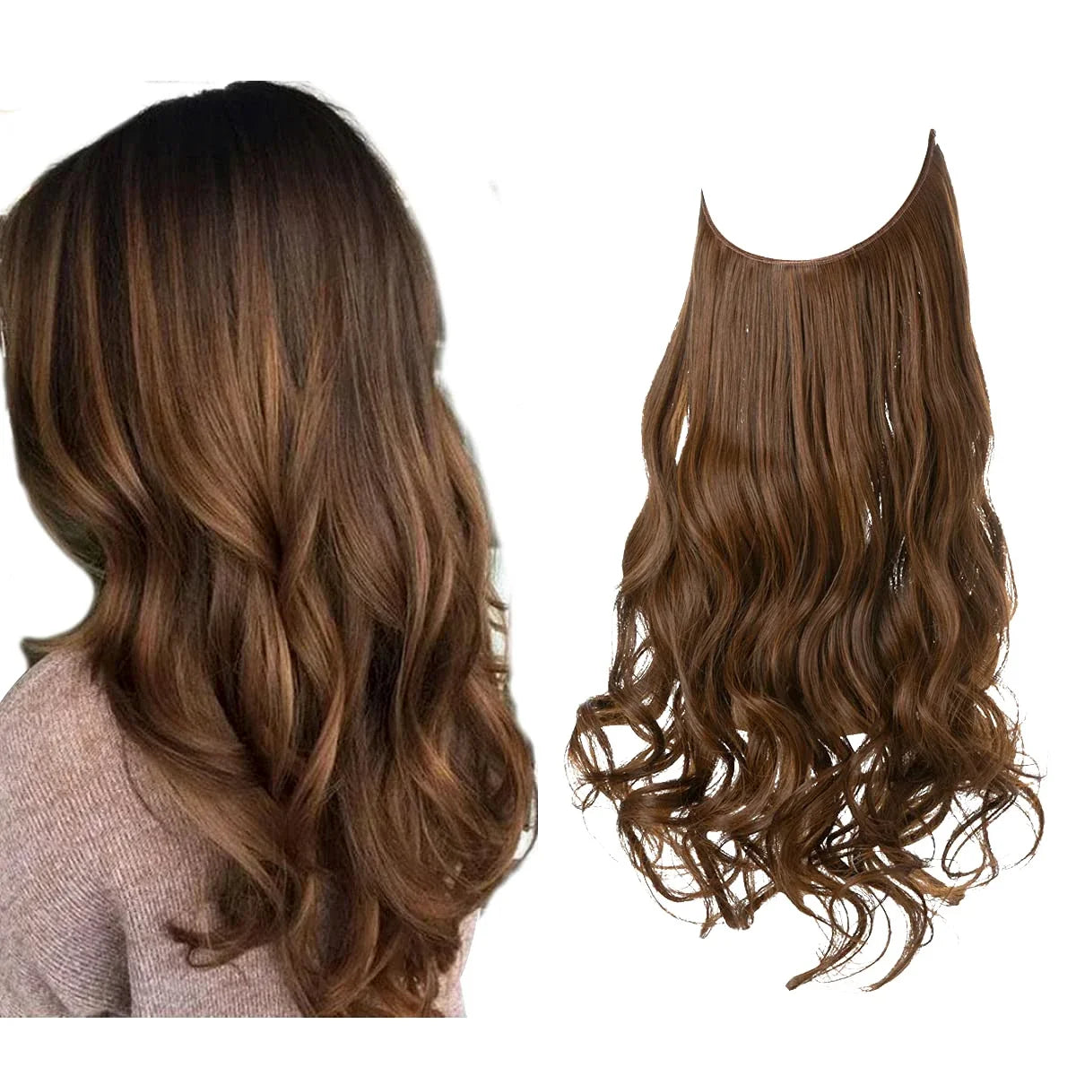 Synthetic Ombre Hair Extension - One Piece Invisible Wire Long Wavy Clipless False Hairpiece Black Blonde Pink