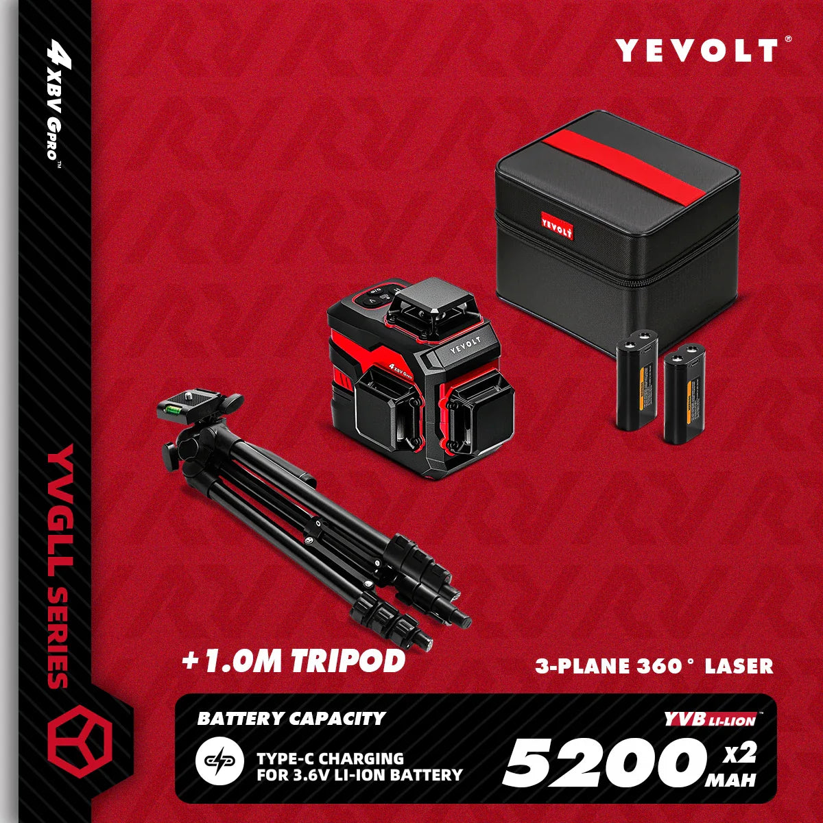 YEVOLT YVGLL4XS12 12-Line Green Laser Level – ±0.2mm/m Precision, IP54 Waterproof, Auto-Leveling with Slope Mode
