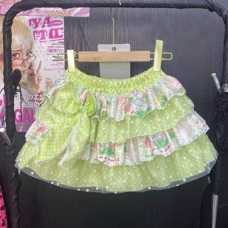 Japanese Kawaii Polka Dot Skirt - Y2K Bow Print Mini Skirt with Puffy Lolita Style