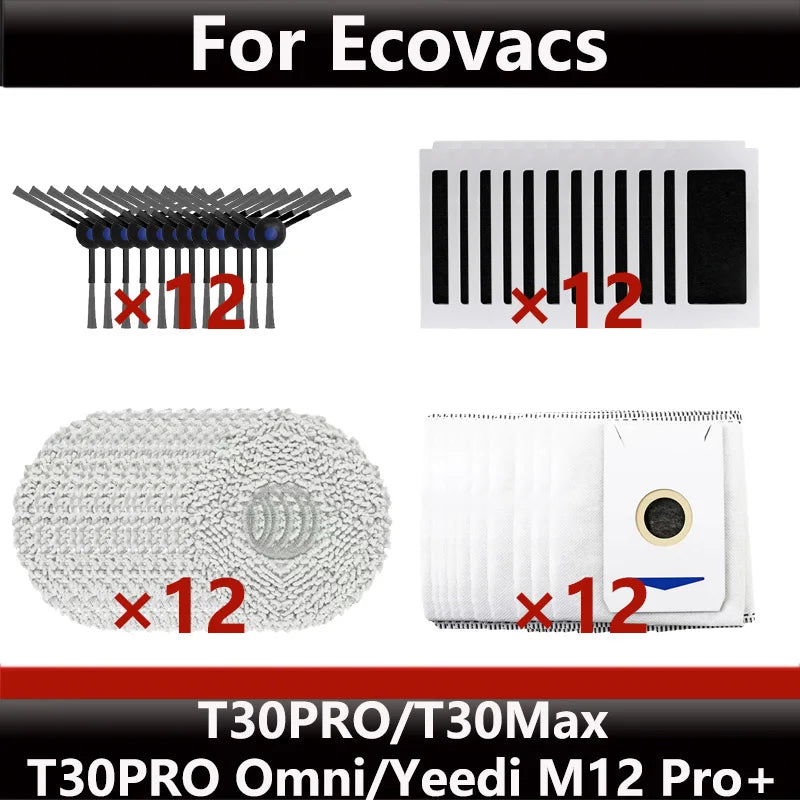 ECOVACS T30S PRO/T30 PRO OMNI & YEEDI M12 Pro+ Robot Vacuum Replacement Parts – Dust Bag, Main & Side Brush, Filter, Mop Accessories
